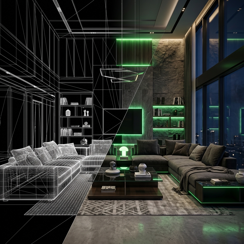 Rendu 3D photo-réaliste et wireframe architectural