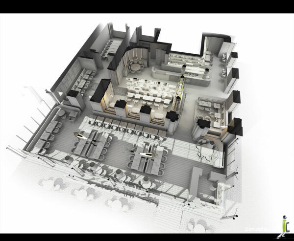 Maquette 3D blanche en coupe pour visualisation des implantations d'un restaurant