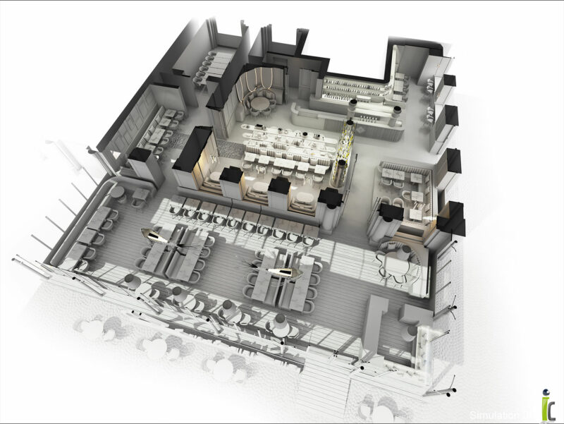 Maquette 3D blanche en coupe pour visualisation des implantations d'un restaurant